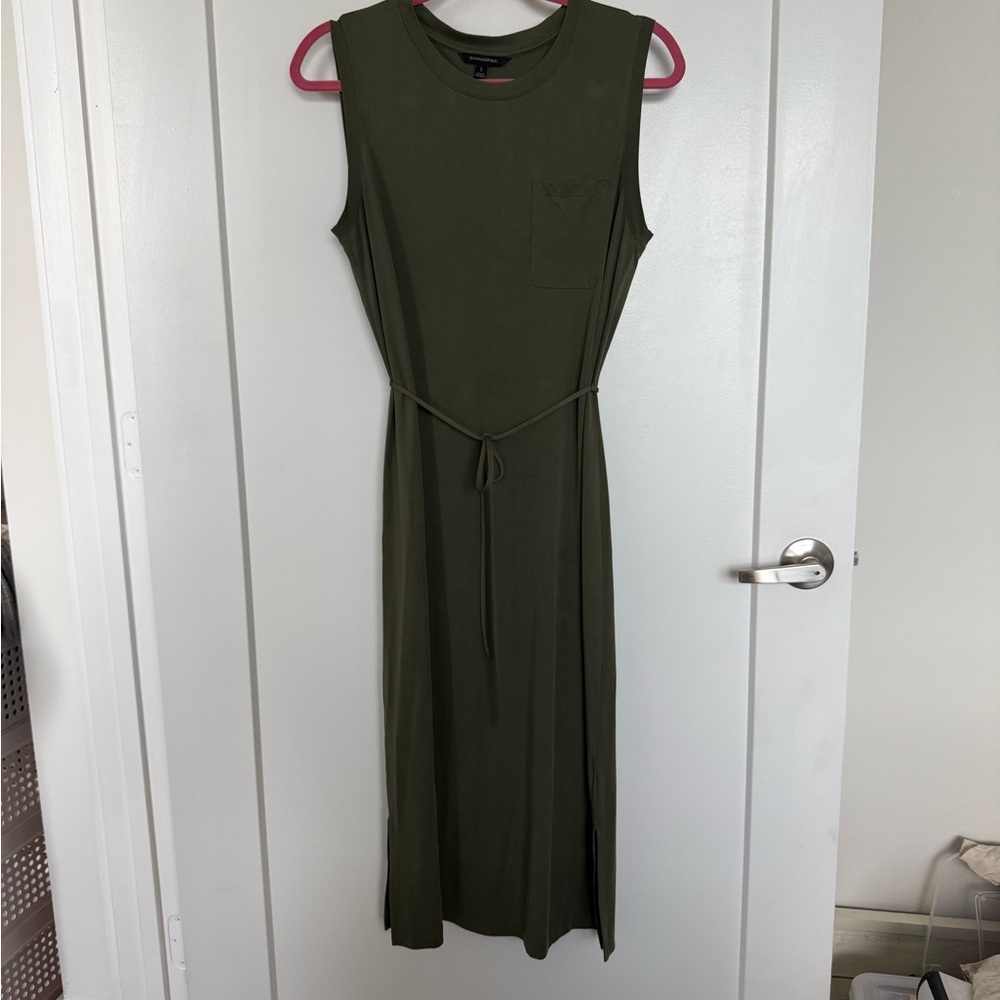 Banana Republic Olive Green Sleeveless Midi Dress with Tie Waist